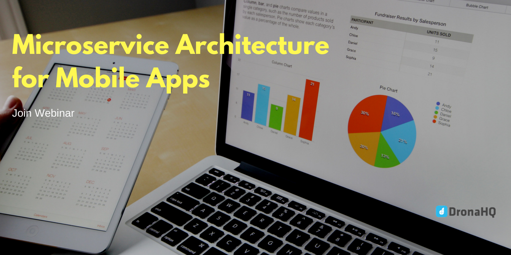 mobile and laptop screen showing different microservice architectures