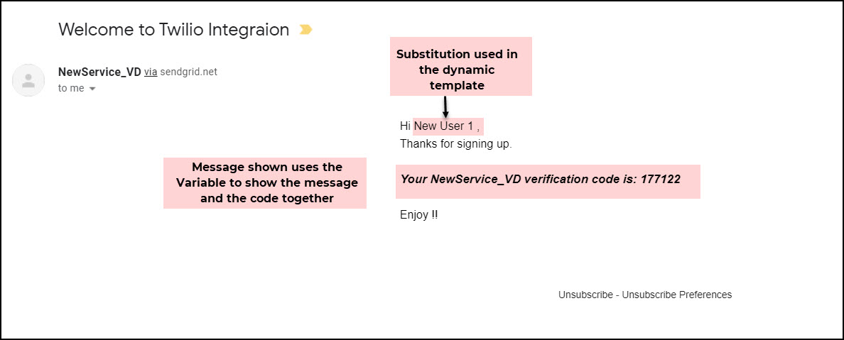 Email verification preview with substitution