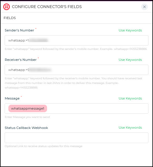 Twilio connector configuration for Whatsapp 