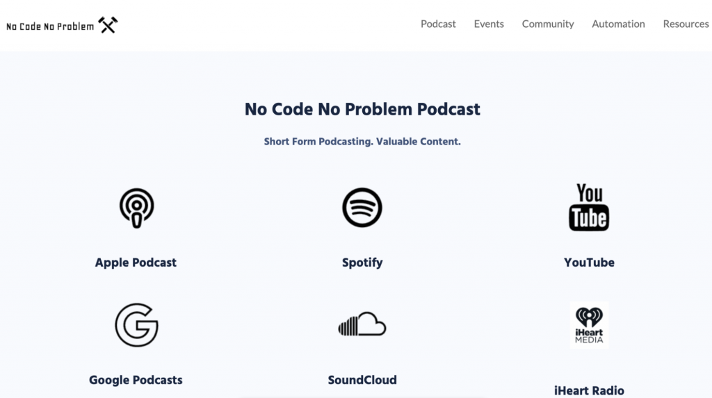 Landing Page of the No Code No Problem Podcast Website
