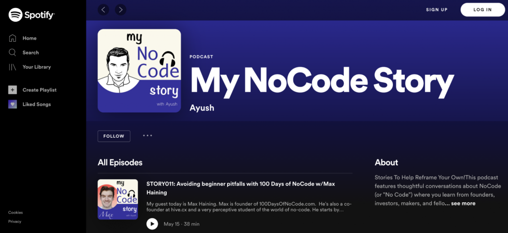 Landing Page of the My No Code Story No Code Podcast Spotify
