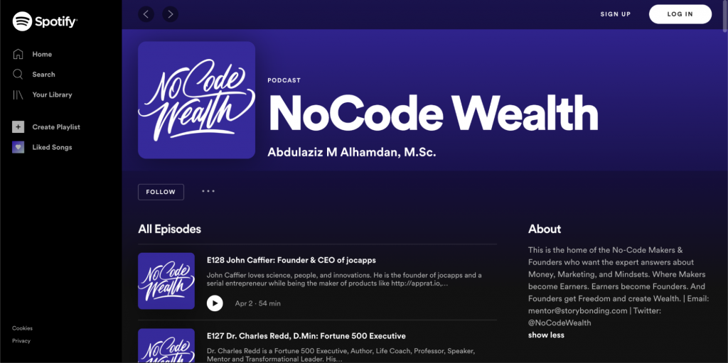 Landing Page of the NoCode Wealth Podcast Spotify