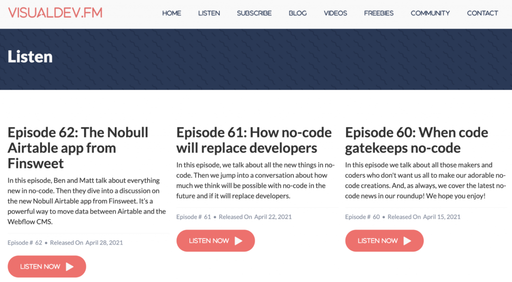 Landing Page of the Visual Developers Podcast Website