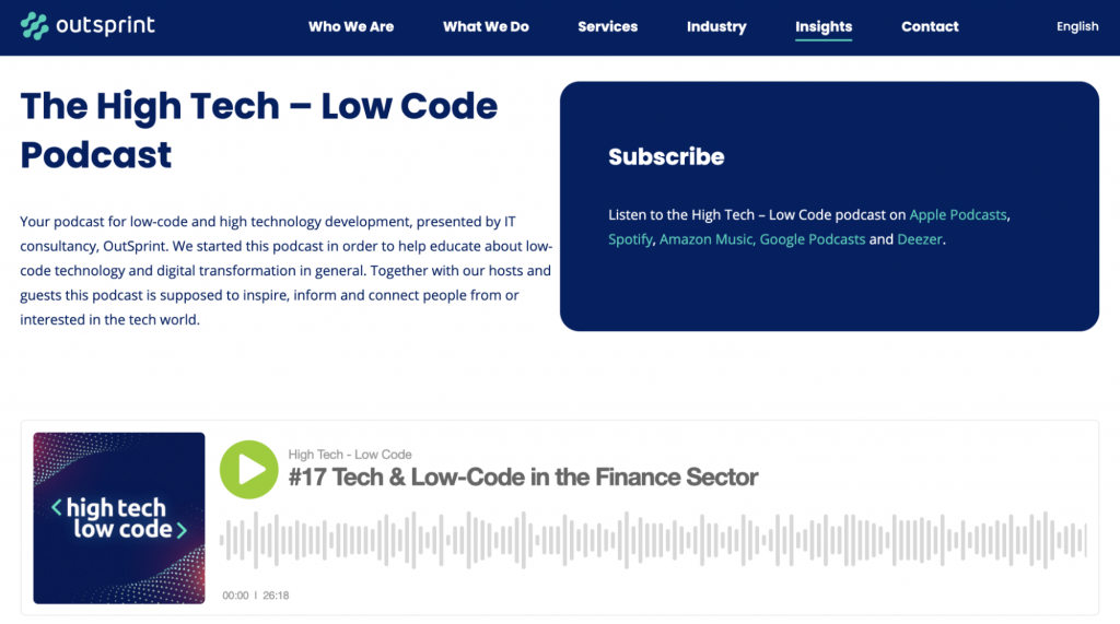 Landing Page of the High Tech Low Code Podcast Website