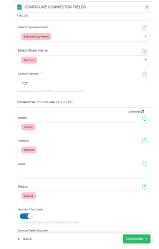 configure google sheets connector fields