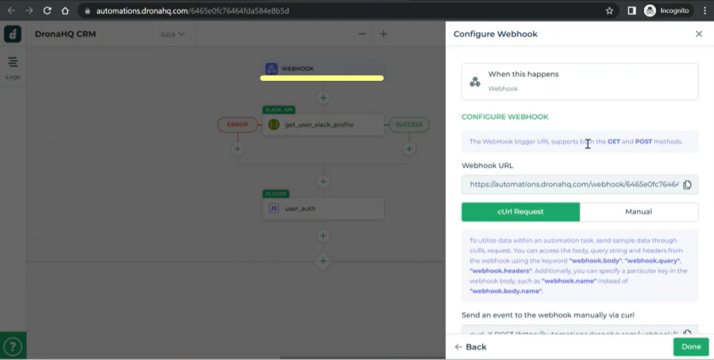 webhook based trigger to start the automation in dronahq 