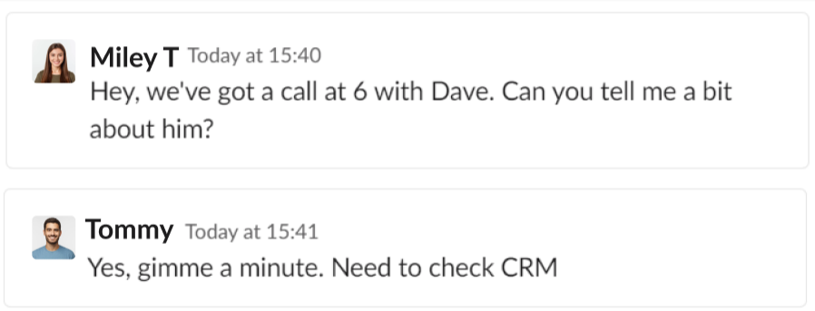 Slack conversation to request CRM lead details