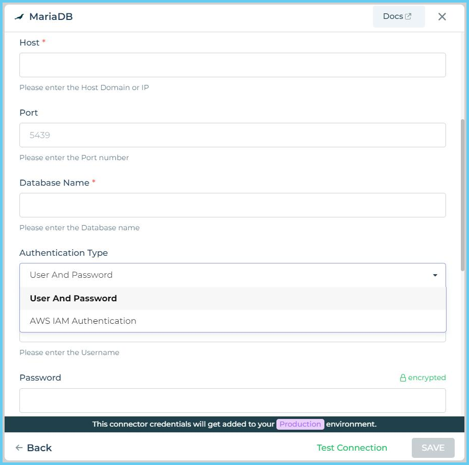 change authentication type to user and password 