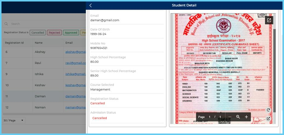 student detail will appear with marksheet 